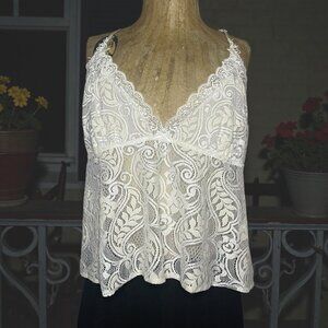 Linea Donatella Womens XL White Lace Tank Top Boho Fairy Bridal Lingerie Sheer